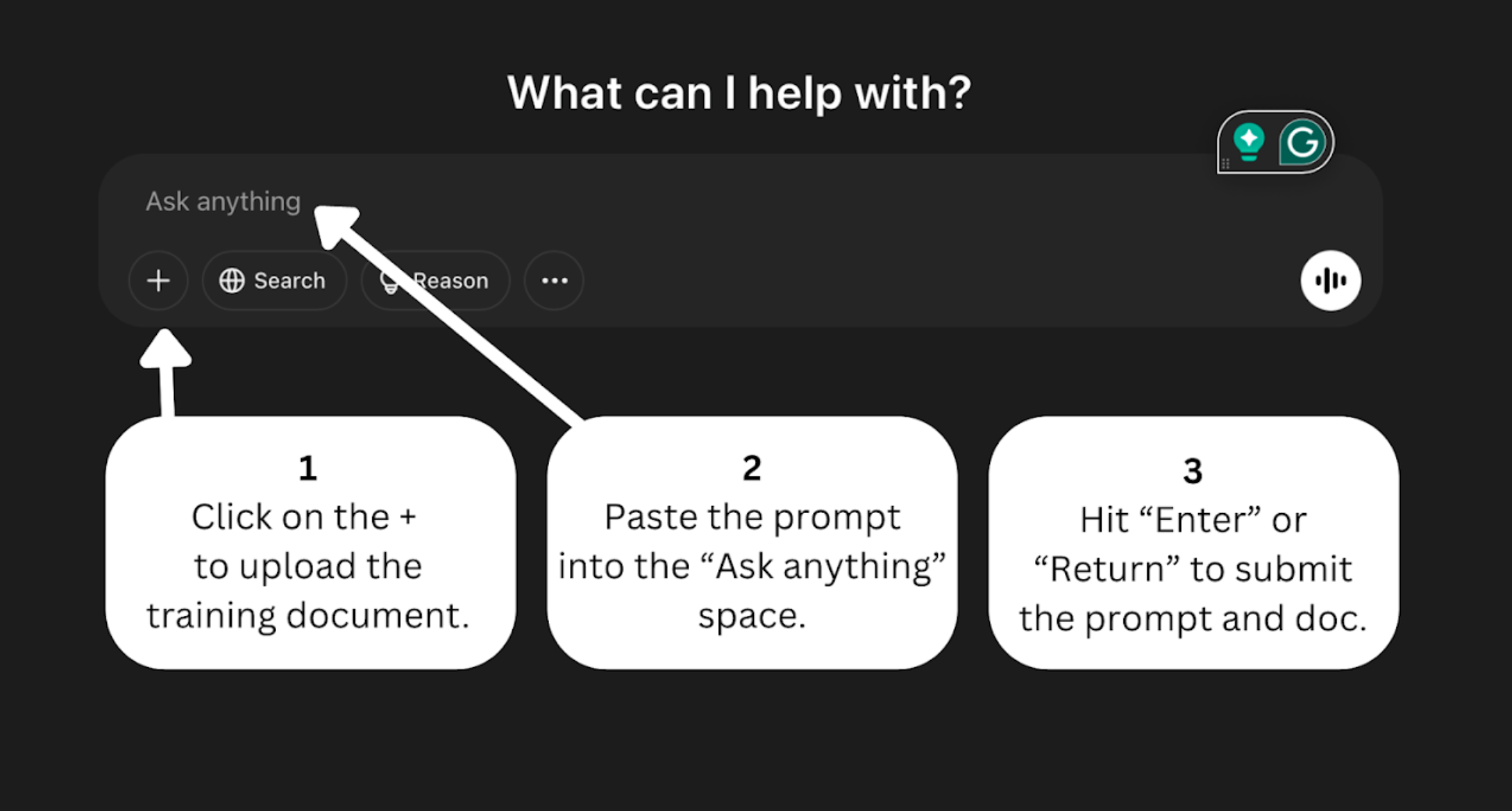 Illustration of the system prompt pasted into the first message of a new AI chat with the Study-Buddy Framework Document attached, ready to submit both together.